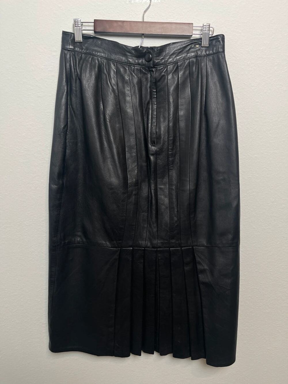 Vintage Don Michele Black Genuine Leather Midi Skirt Women Size 12 Made Israel